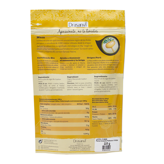 Maca Økologisk 225 g | Peruviansk pulver | naturlig energi | Drasanvi